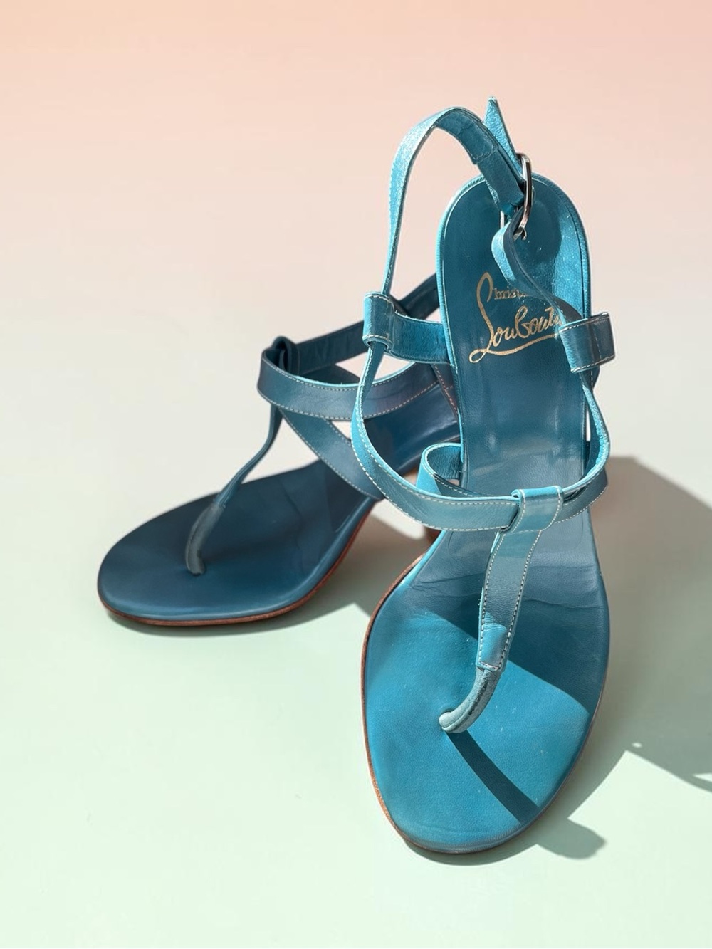Christian Louboutin Blue Teal T-Strap Sandals with white top stitches circa 2000